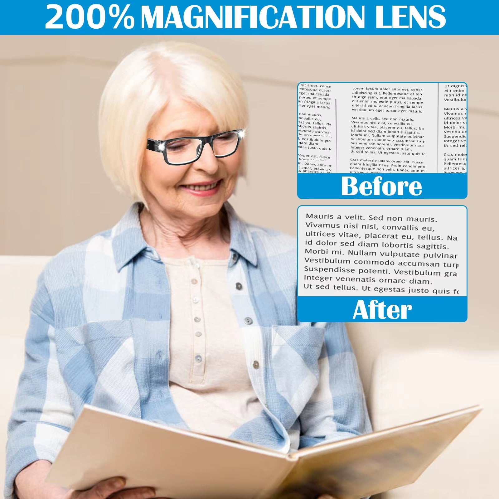 200% Magnifying Glass with Lamp, USB Rechargeable LED Luminous Magnifying Glasses, Hands-Free Head Magnifying Glass, Reading