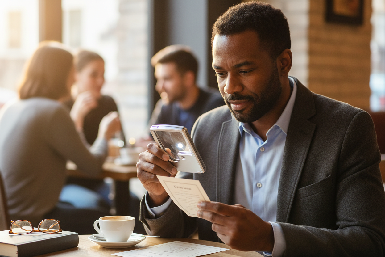 Attractive Black man using 3X/6X LED Illuminated Pocket Magnifier