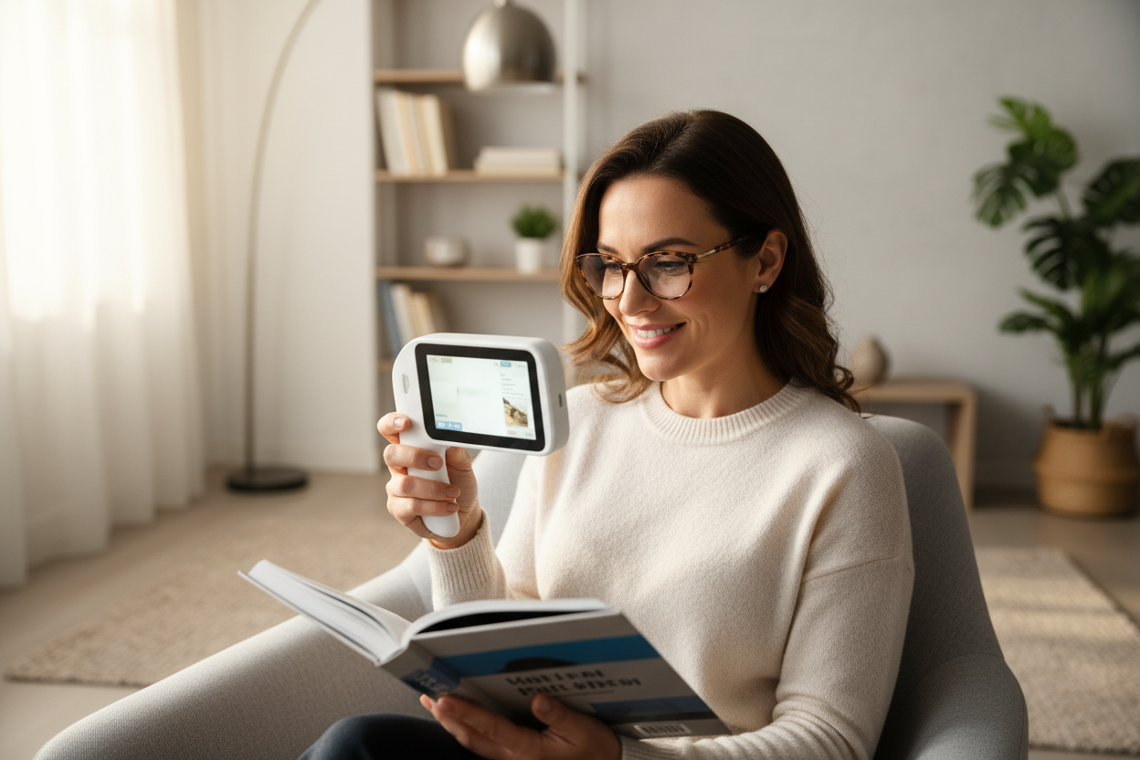 Atttactive woman using a low vision aid