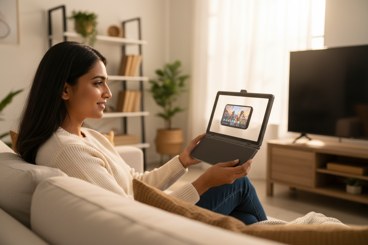 Indian woman using 3D phone screen magnifier
