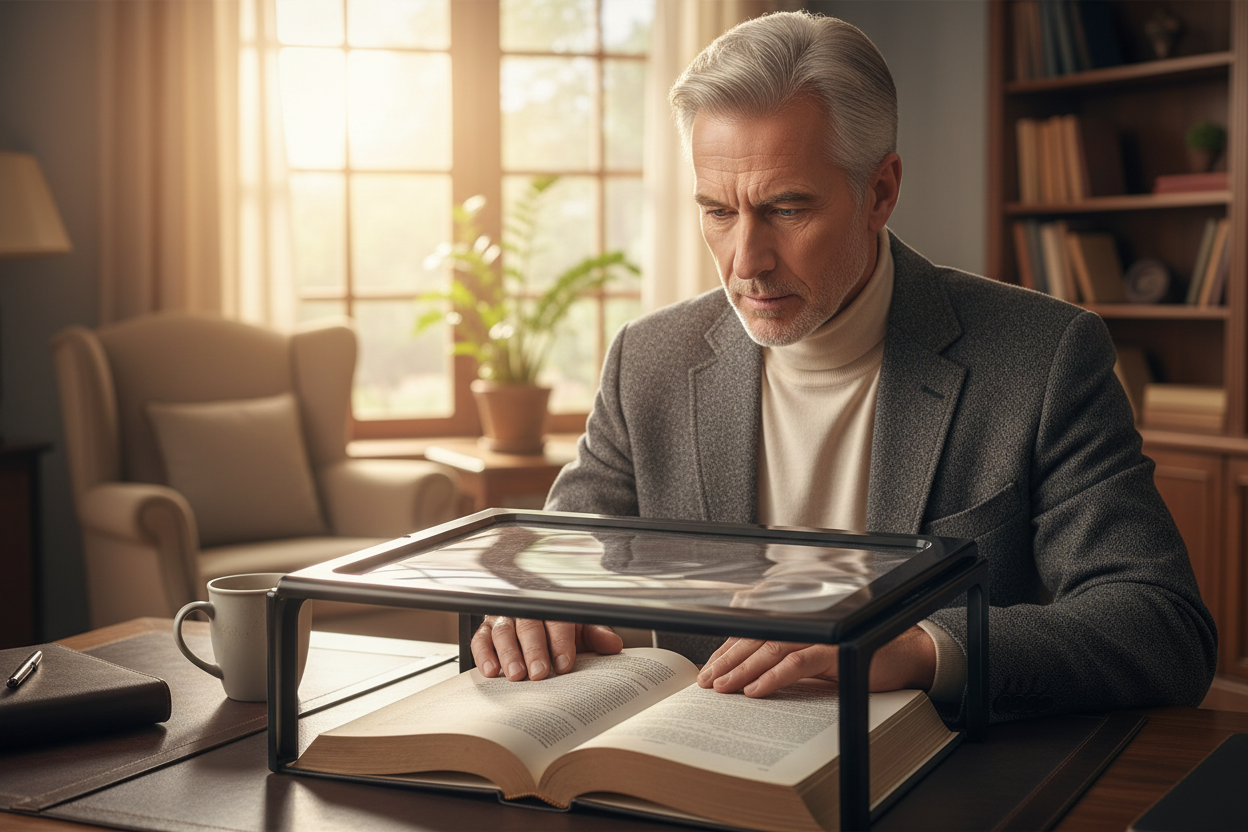 Man using A4 Desk Magnifier for Reading