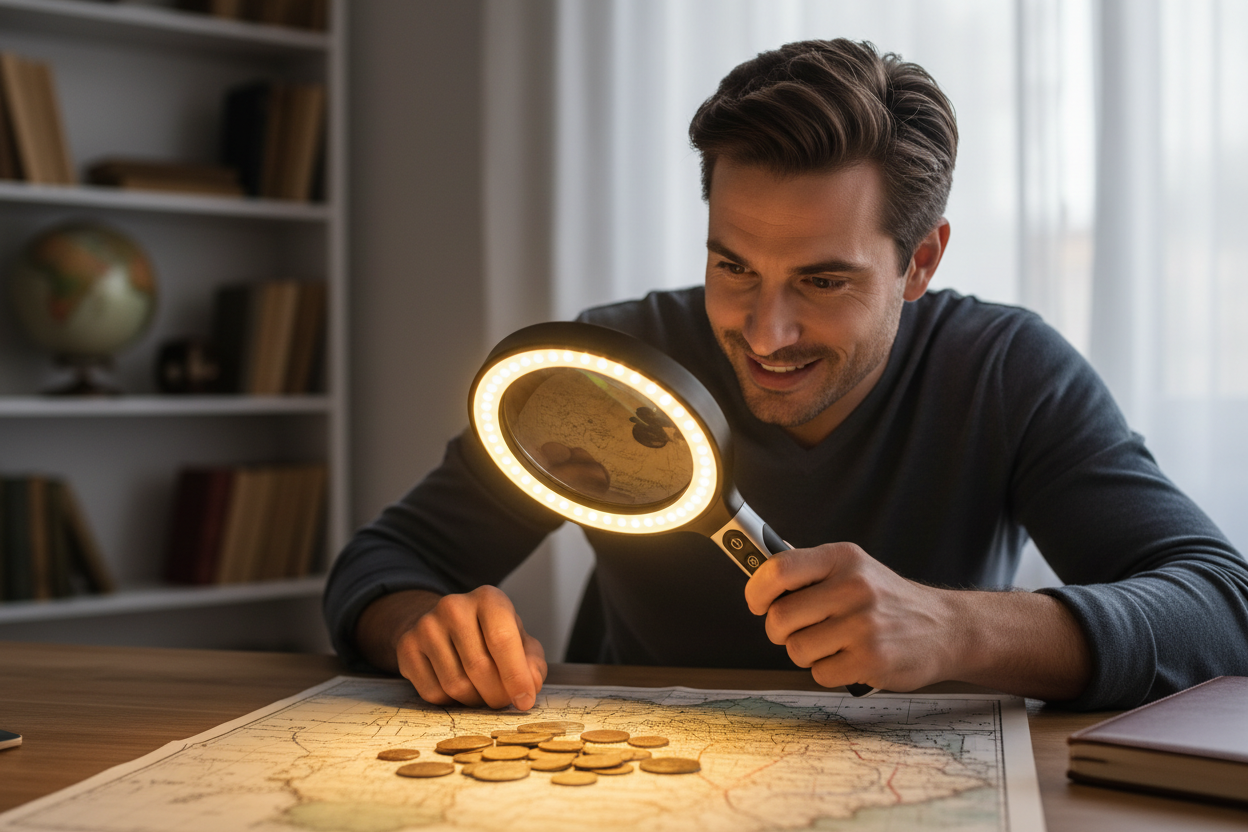 Man using handheld magnifying glass with LED lights
