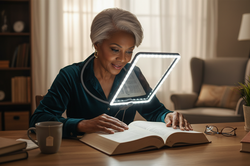 Older Black woman looking through gooseneck magnifying lamp over book