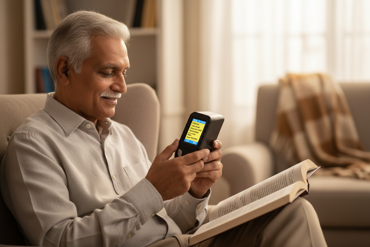 Older Indian man using portable digital magnifier