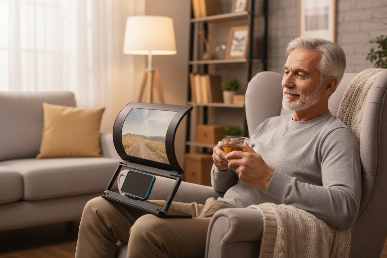 Older man using 3D phone screen magnifier