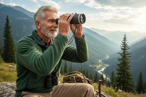 Older man using zoom telescope monocular