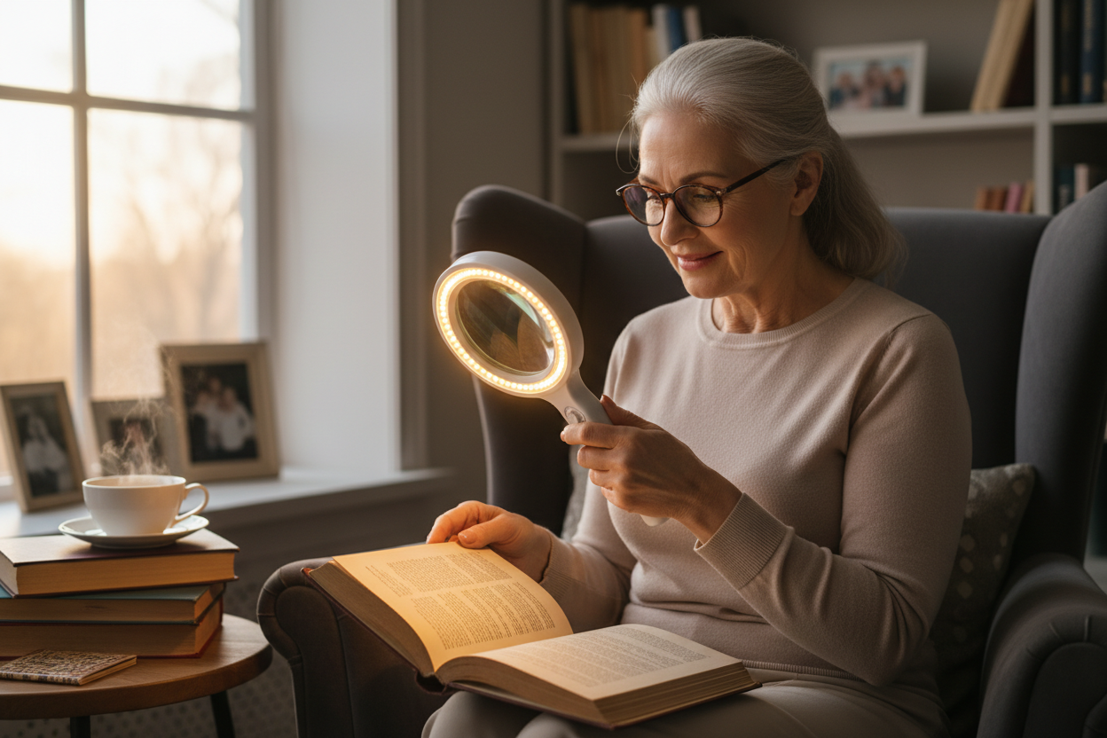 Older woman using handheld magnifying glass with LED lights