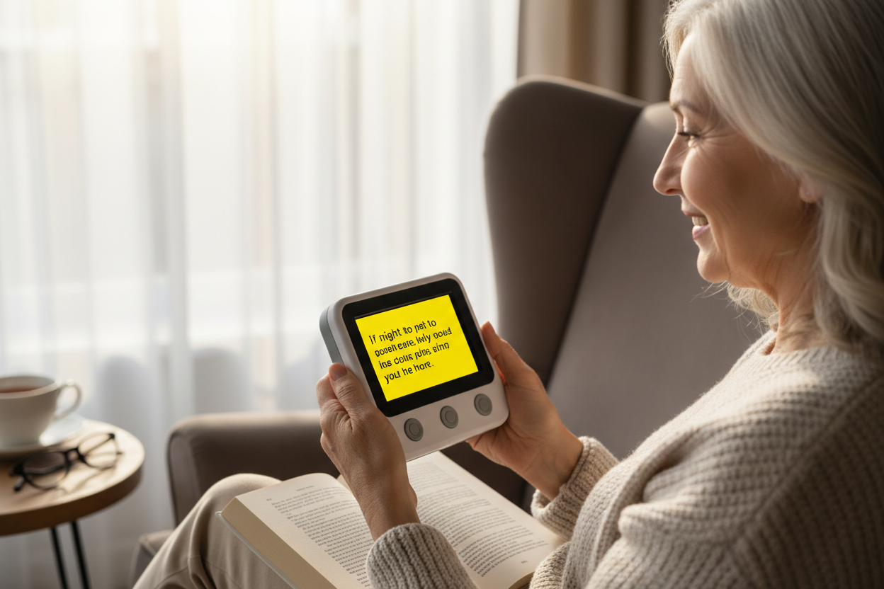 Older woman using portable digital magnifier